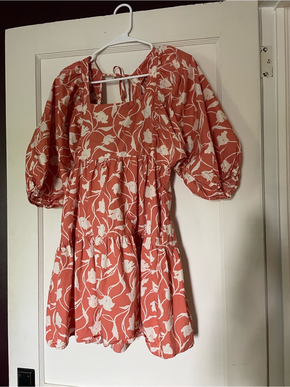 A new day Women's Coral and White Floral Puff-Sleeve Dress. Square neckline.
